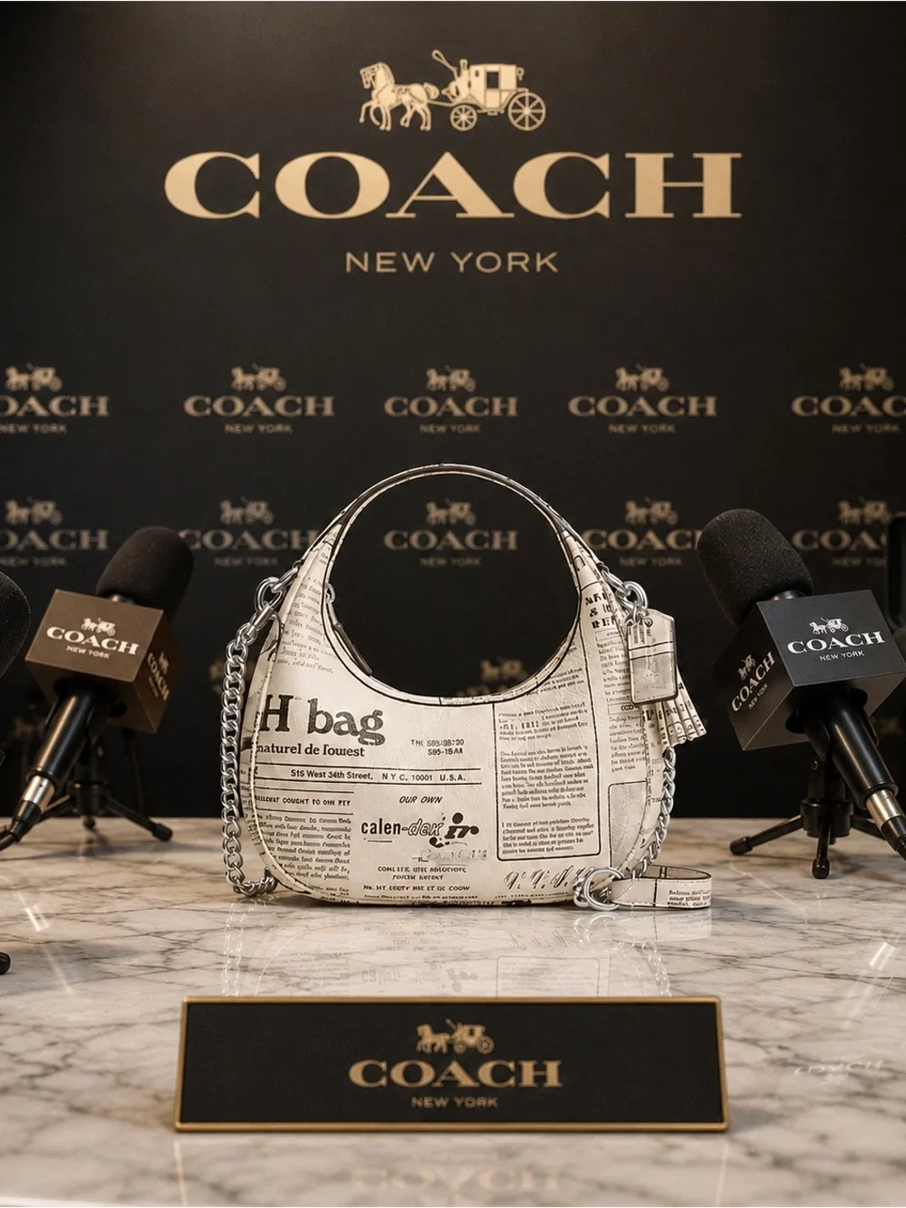 Coach White Newspaper Print Shoulder Hobo with Chain Strap NWT - Picture 1 of 6